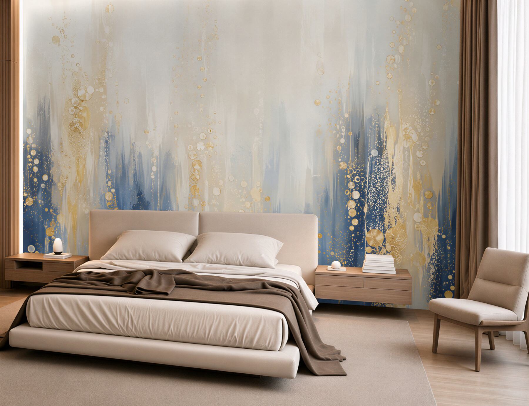 Fototapeten abstrakte blau-weiße mit goldenen Details für ein elegantes Interieur