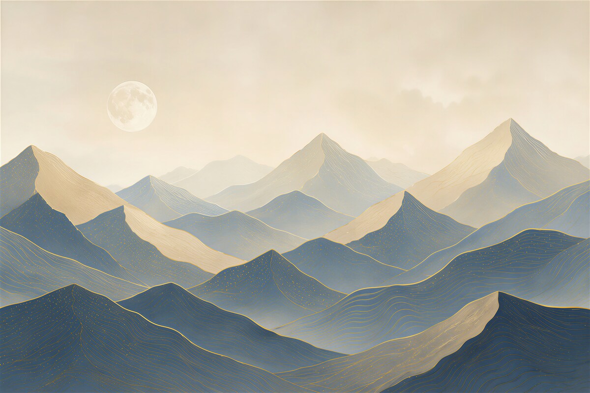 Fototapeten Berglandschaft im Nebel mit dem Mond in beige-blauen Tönen