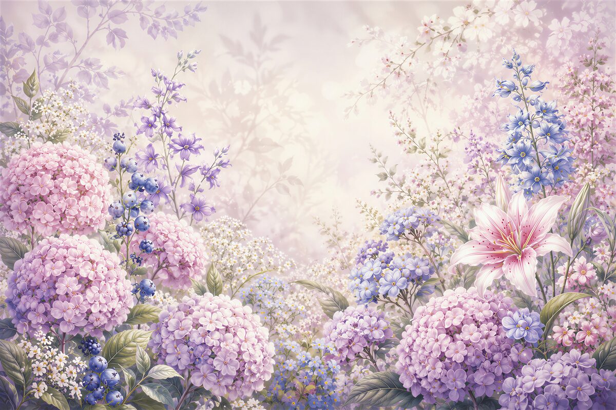 Fototapeten pastellfarbene Blumen Hortensien und Lilien romantisch in Rosa- und Violetttönen