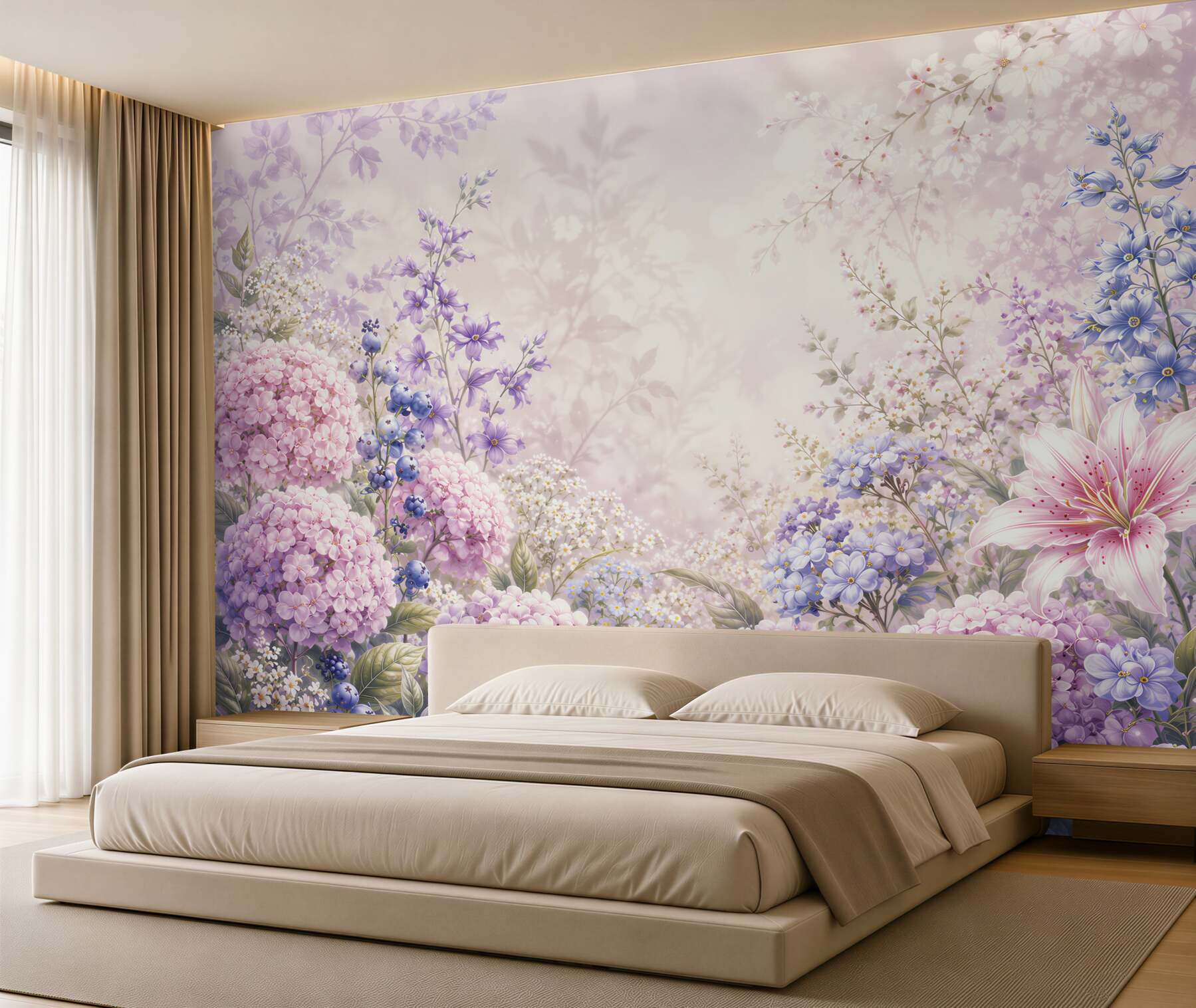 Fototapeten pastellfarbene Blumen Hortensien und Lilien romantisch in Rosa- und Violetttönen