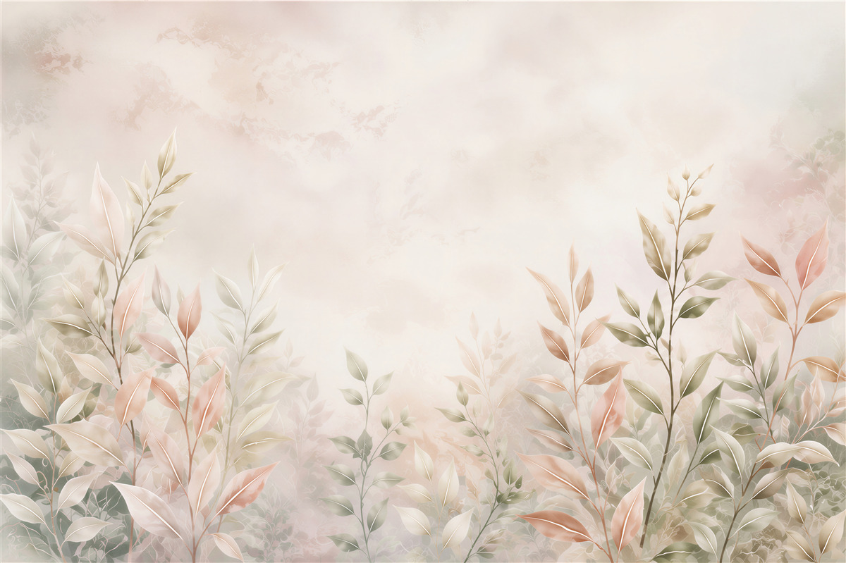 Fototapeten zarte Blätter Pastell beige-rosa für das Schlafzimmer