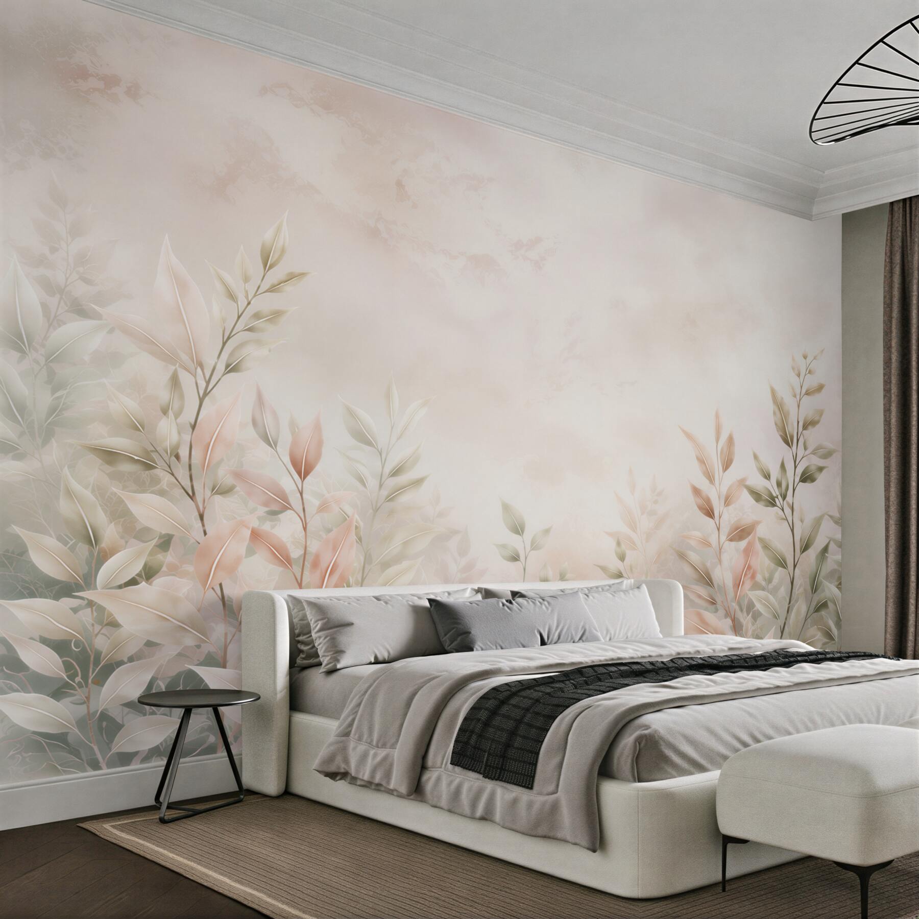 Fototapeten zarte Blätter Pastell beige-rosa für das Schlafzimmer