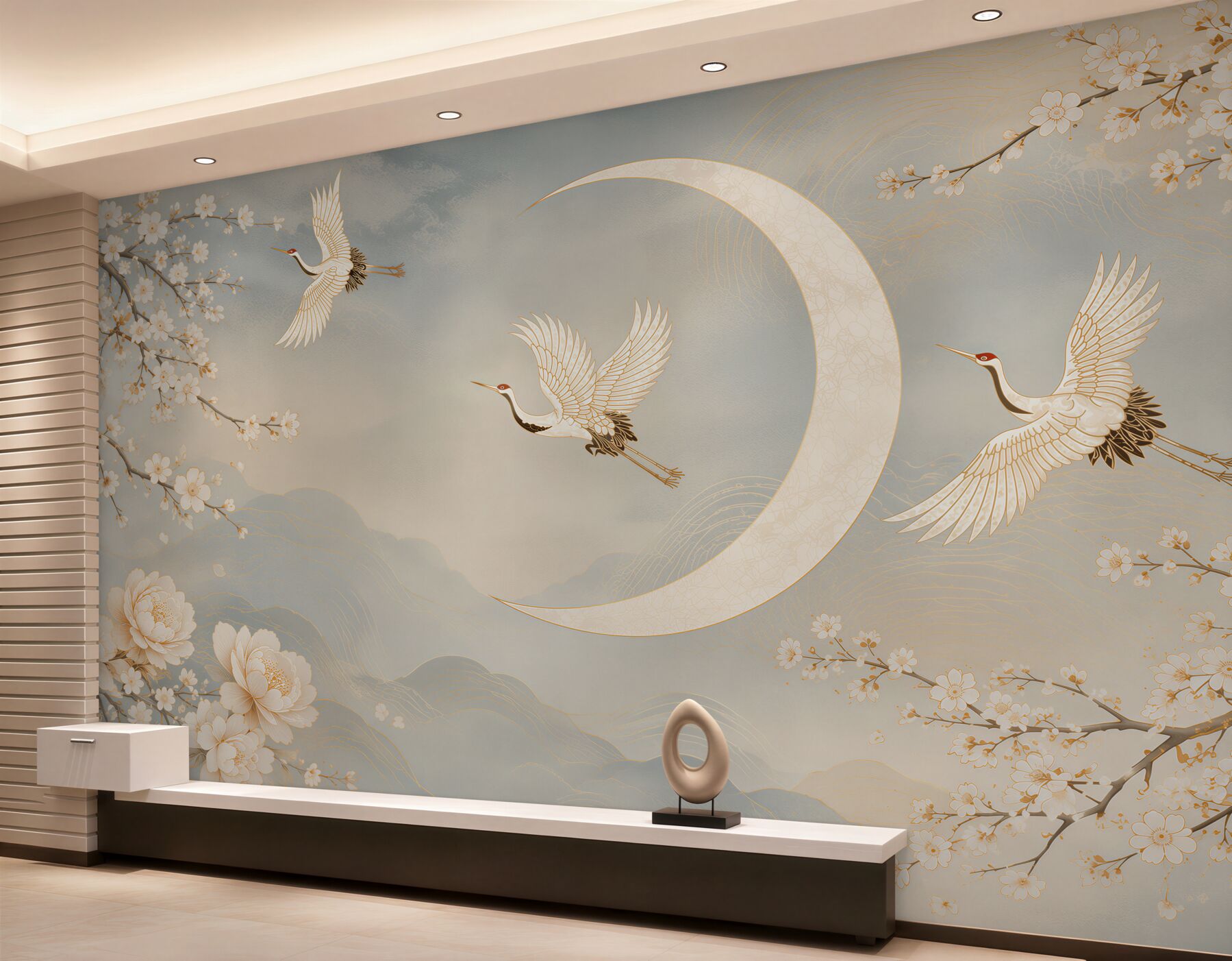 Fototapeten Kraniche und Kirschblüten mit dem Mond im orientalischen Stil