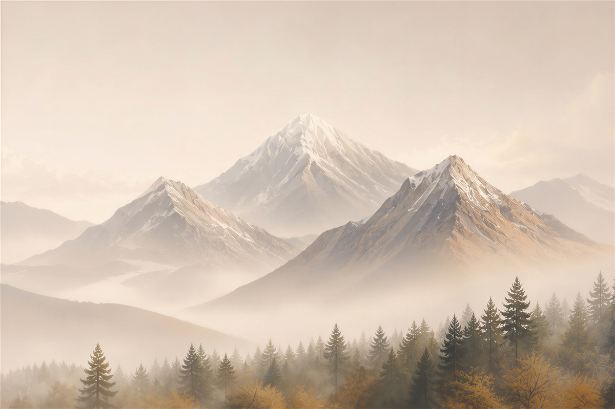Fototapeten Berge im Nebel mit Nadelwald in beigen Tönen