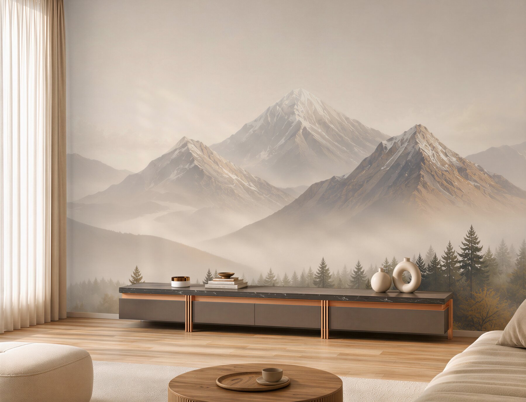 Fototapeten Berge im Nebel mit Nadelwald in beigen Tönen