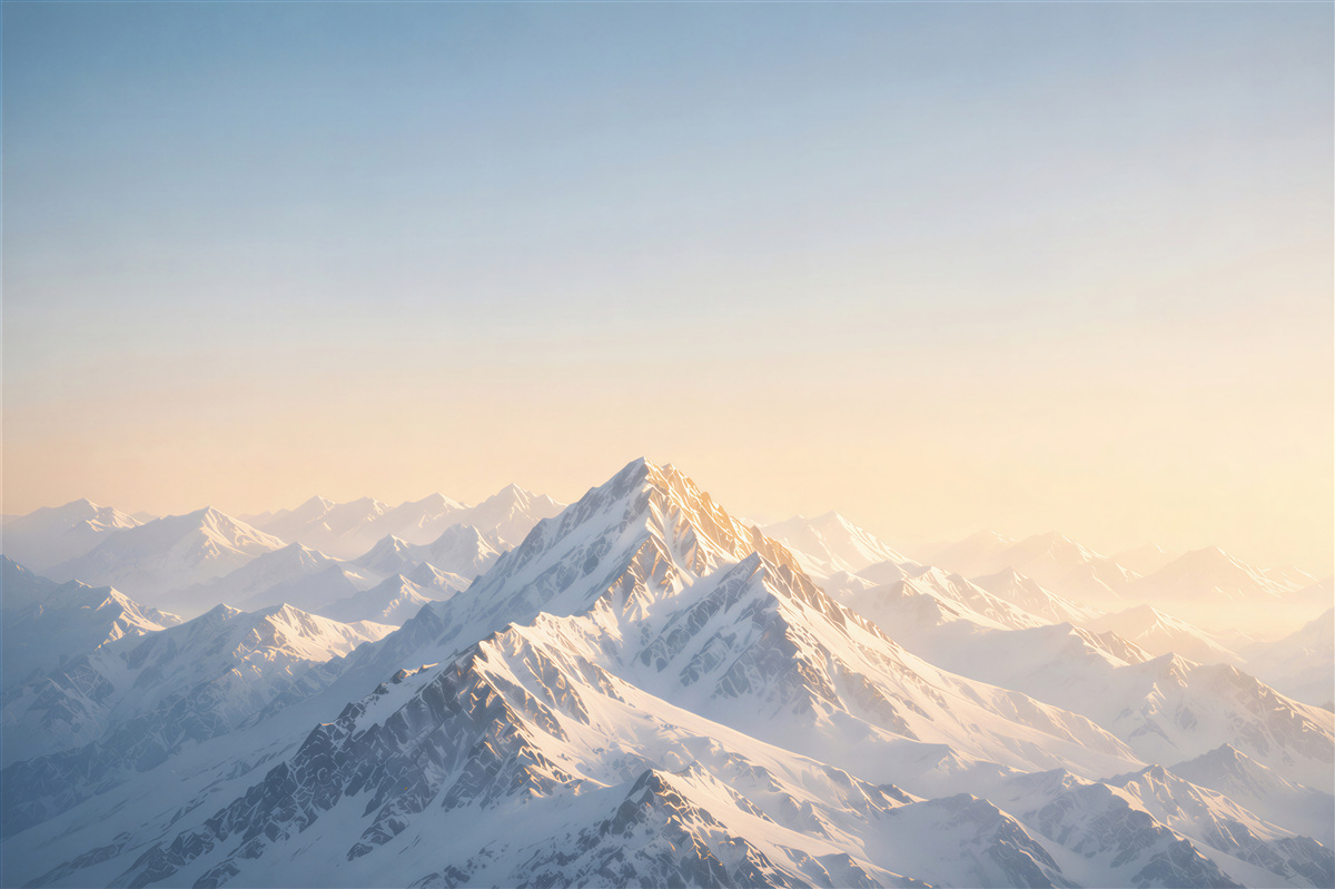 Fototapeten verschneite Berge bei Sonnenaufgang in hellen Blautönen
