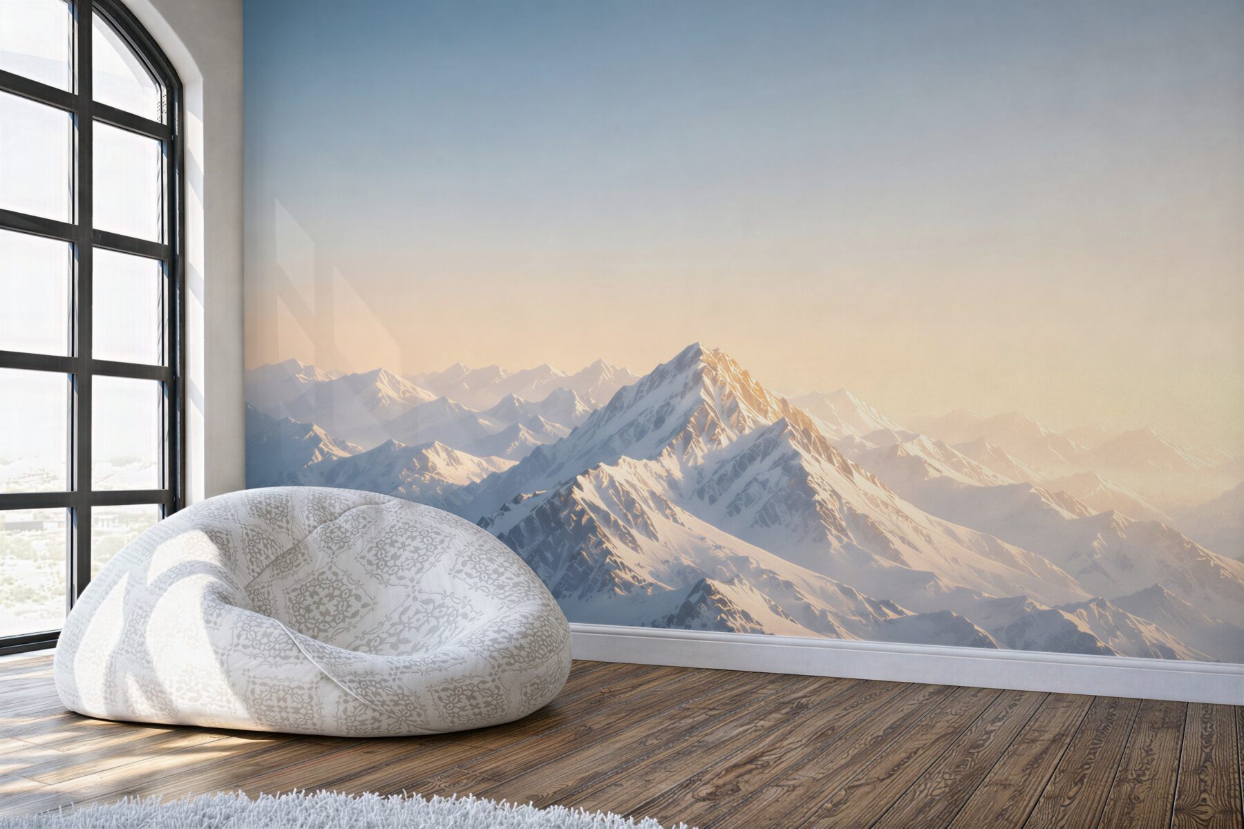 Fototapeten verschneite Berge bei Sonnenaufgang in hellen Blautönen