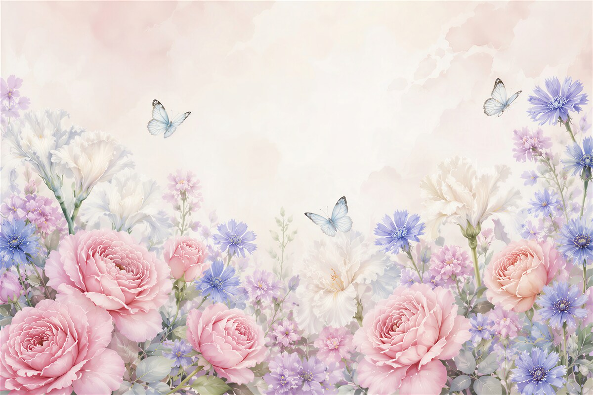 Fototapeten pastellfarbene Blumen Pfingstrosen und Iris mit Schmetterlingen