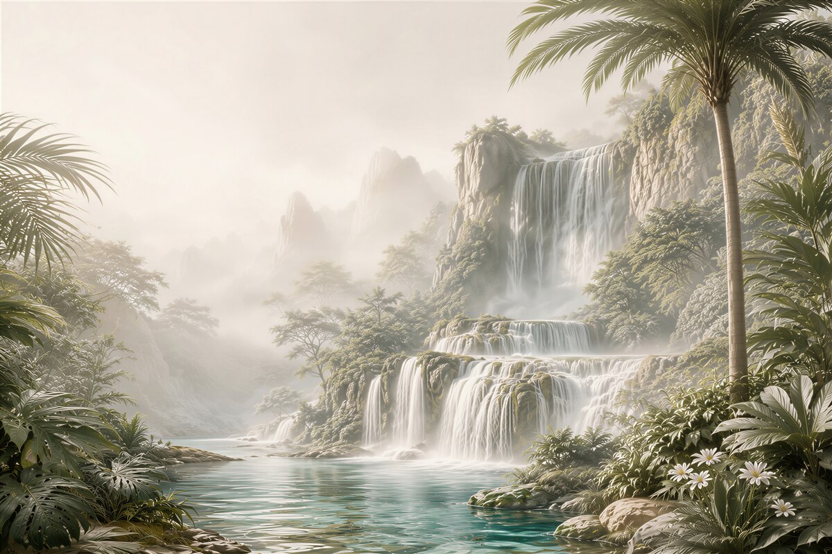 Fototapeten tropischer Wasserfall im Nebel mit Palmen und türkisfarbener Lagune