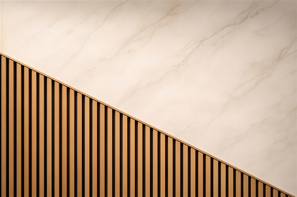 Fototapeten beiger Marmor mit Holzlamellen modern und minimalistisch
