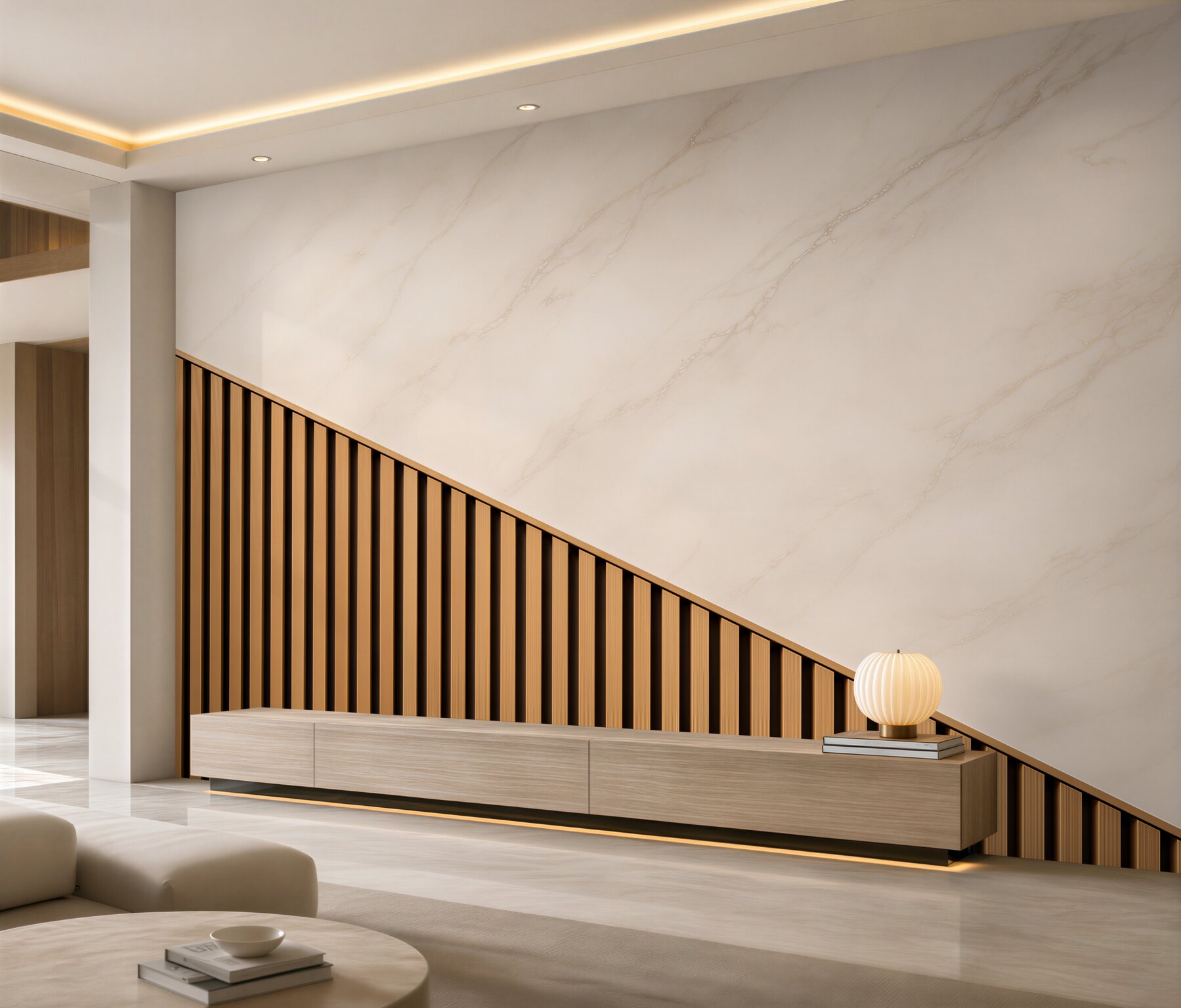 Fototapeten beiger Marmor mit Holzlamellen modern und minimalistisch