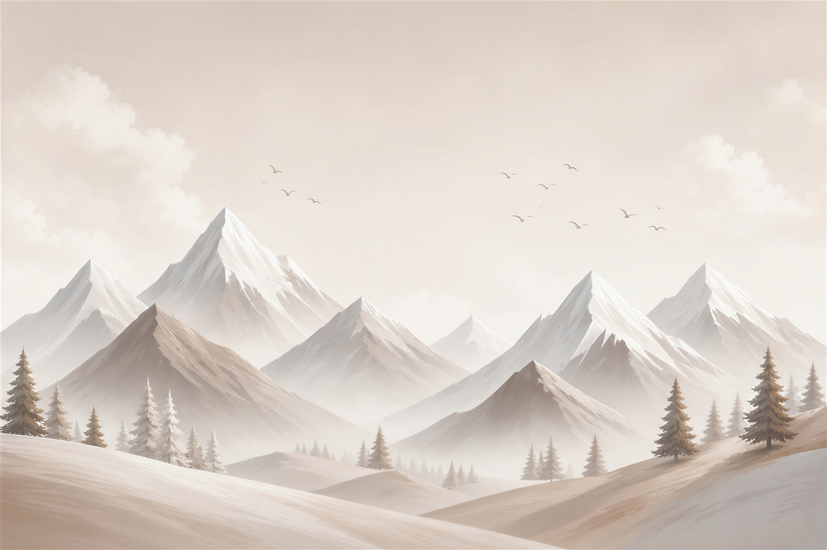 Fototapeten Berge im Nebel in beigen Tönen für ein ruhiges Interieur