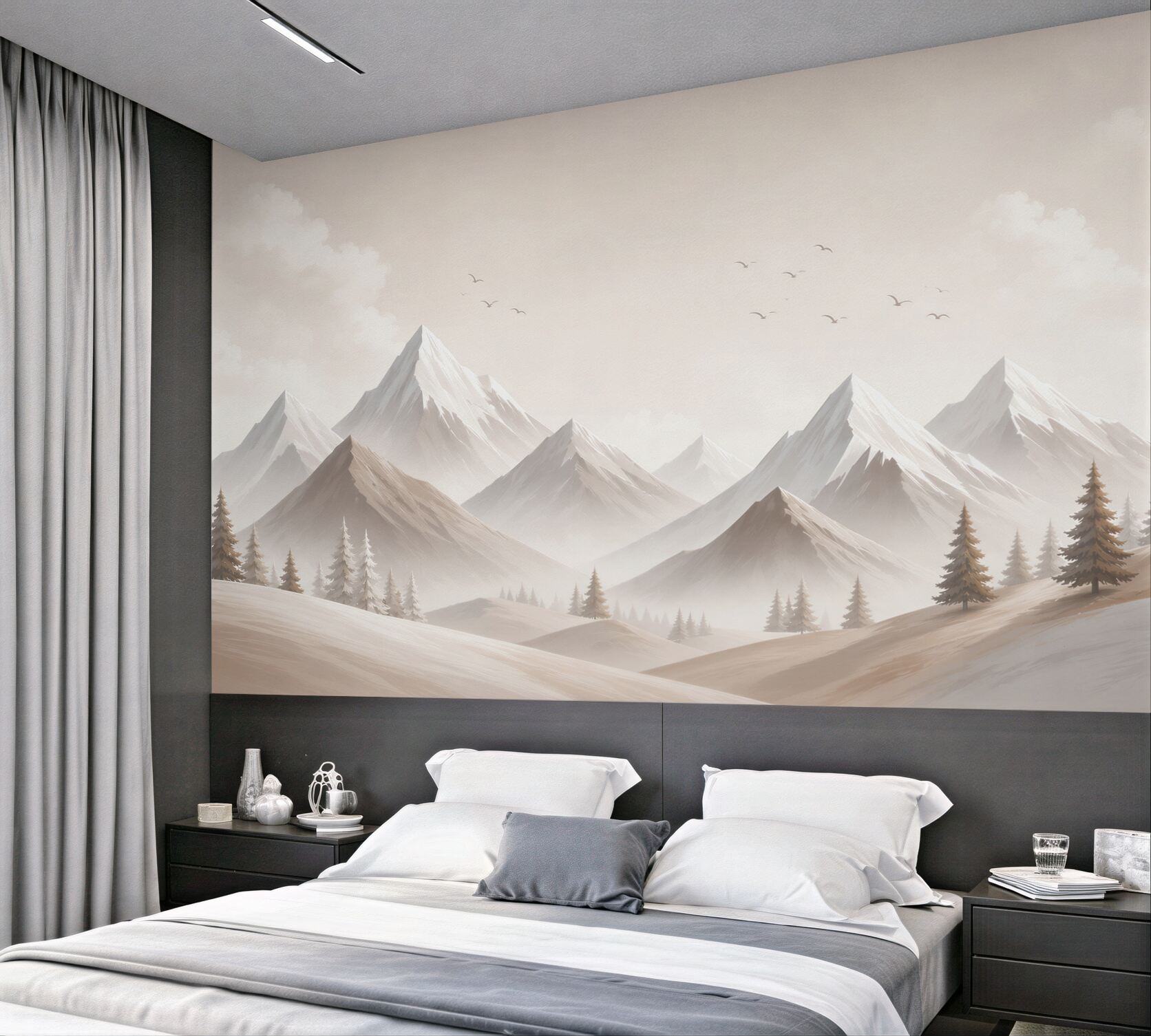 Fototapeten Berge im Nebel in beigen Tönen für ein ruhiges Interieur