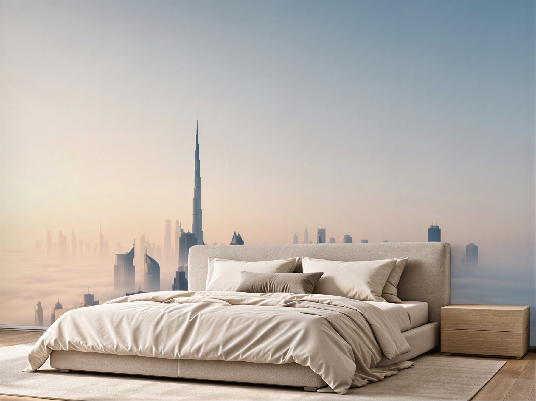 Fototapeten Panorama von Dubai im Nebel bei Sonnenaufgang moderne Stadt