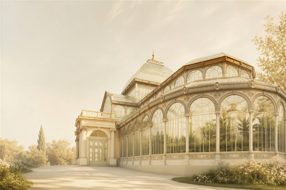 Fototapeten Orangerie im palastlichen goldenen Licht elegante Gartenarchitektur