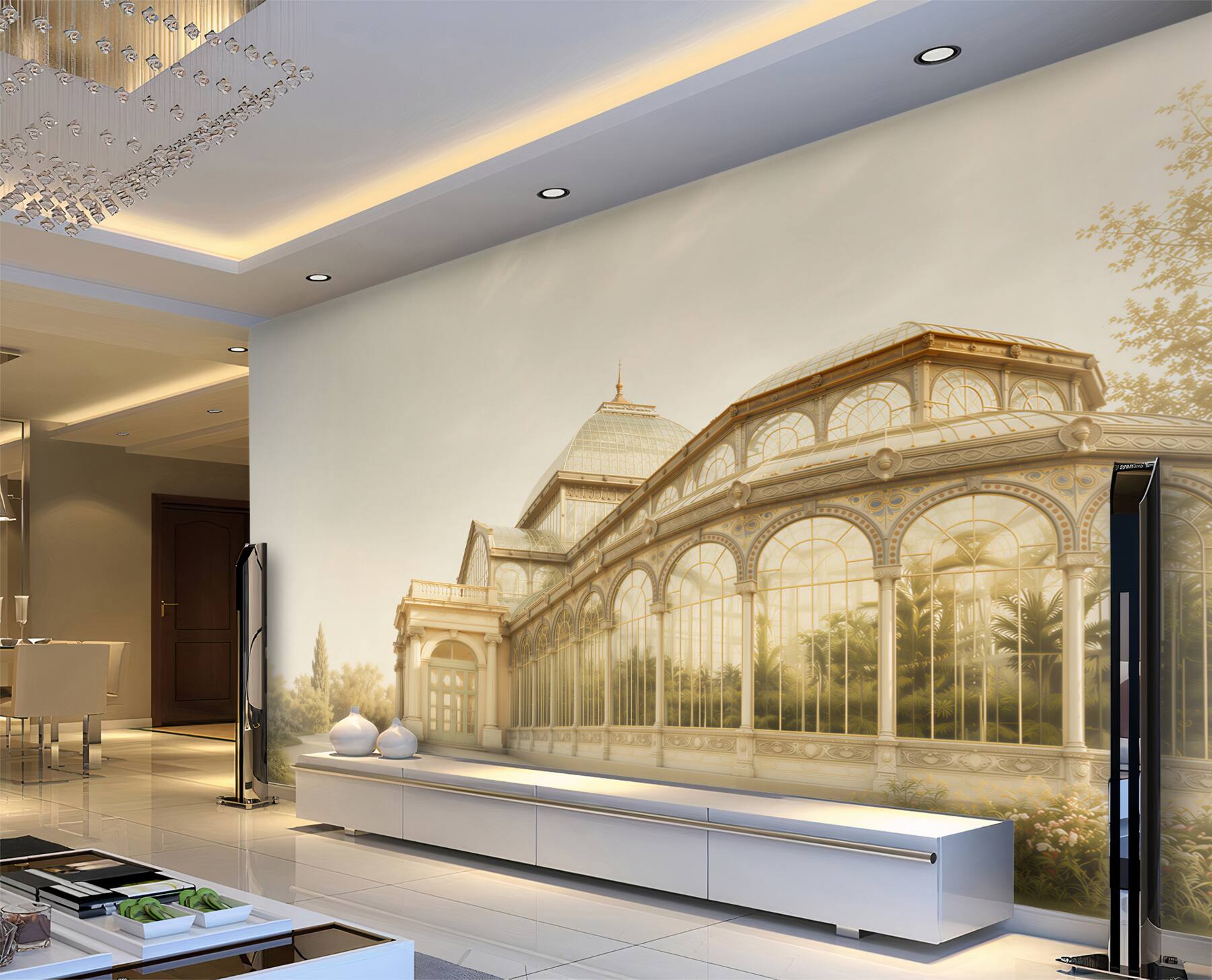 Fototapeten Orangerie im palastlichen goldenen Licht elegante Gartenarchitektur