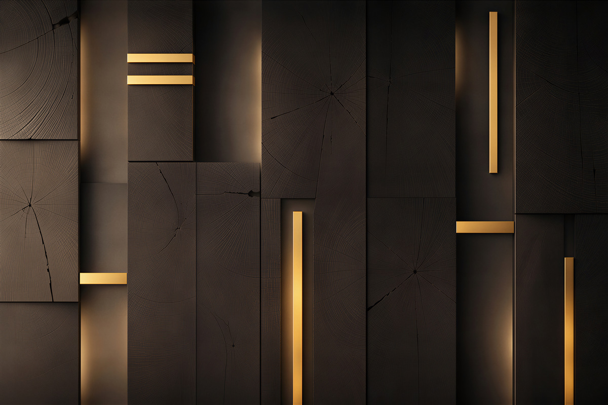 Fototapeten dunkle Holzpaneele mit goldenen Akzenten im modernen Loft-Stil