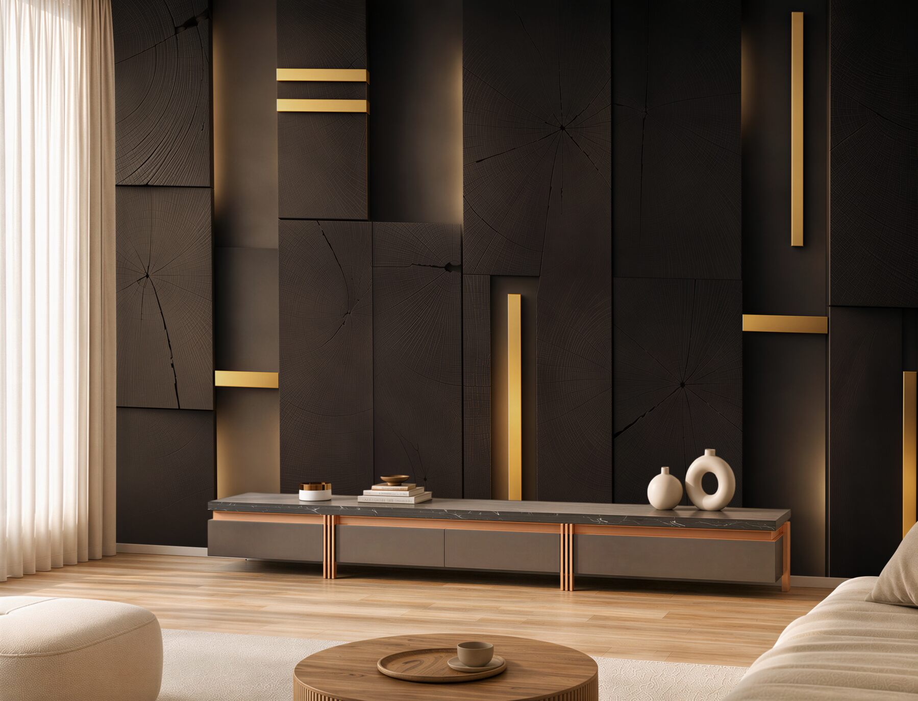 Fototapeten dunkle Holzpaneele mit goldenen Akzenten im modernen Loft-Stil