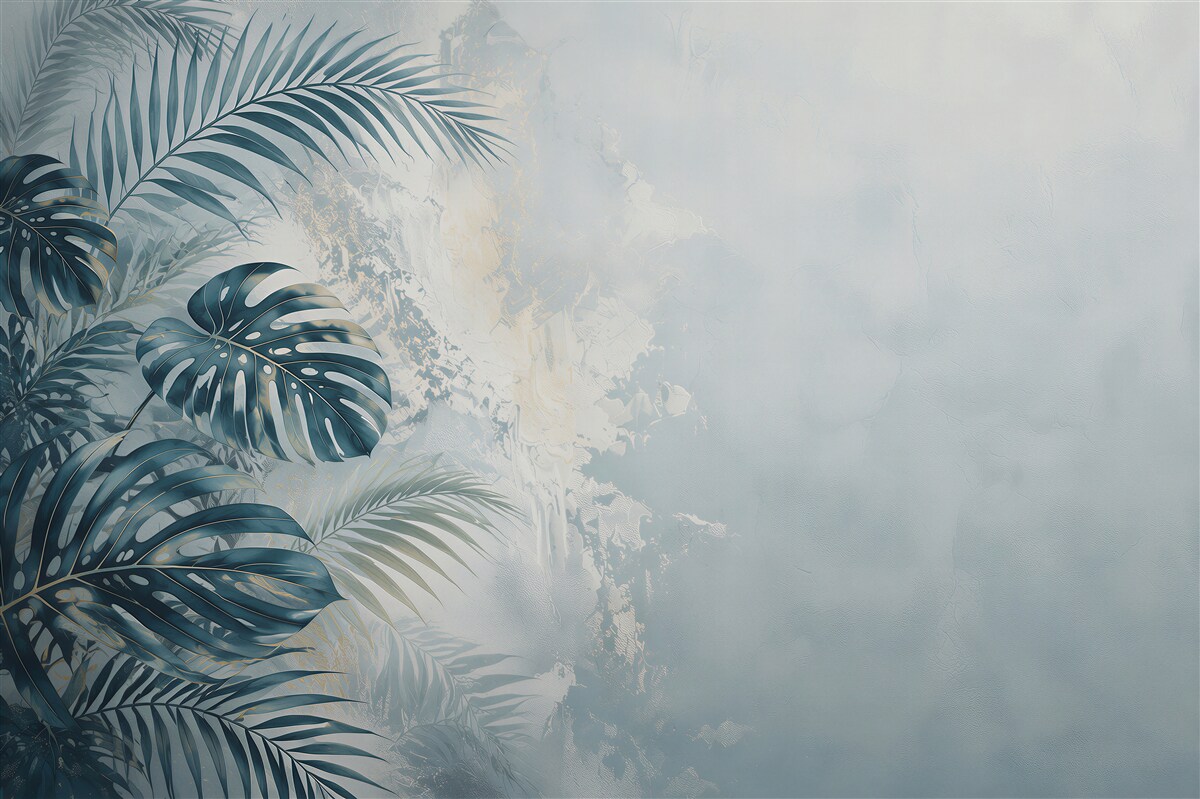 Fototapeten blaue tropische Blätter auf hellem Hintergrund für ein elegantes Interieur