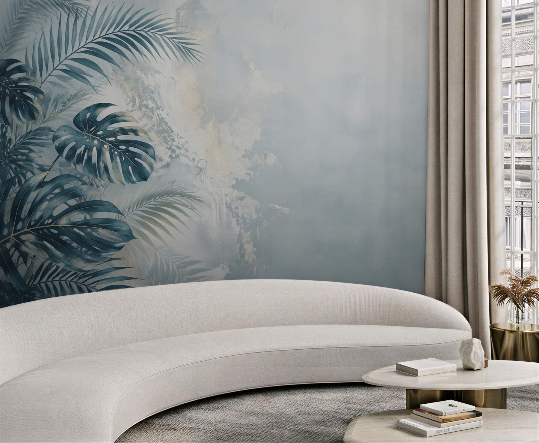 Fototapeten blaue tropische Blätter auf hellem Hintergrund für ein elegantes Interieur