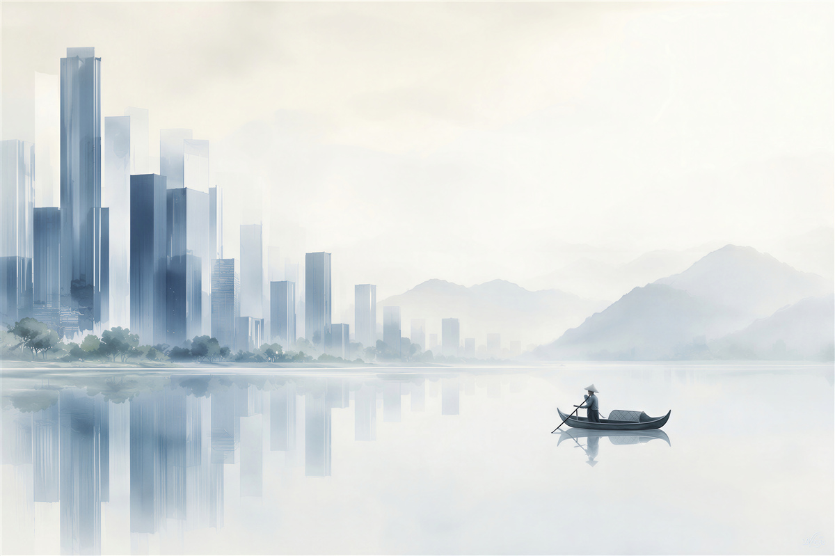Fototapeten moderne Stadt am See im Nebel mit einem minimalistischen Boot