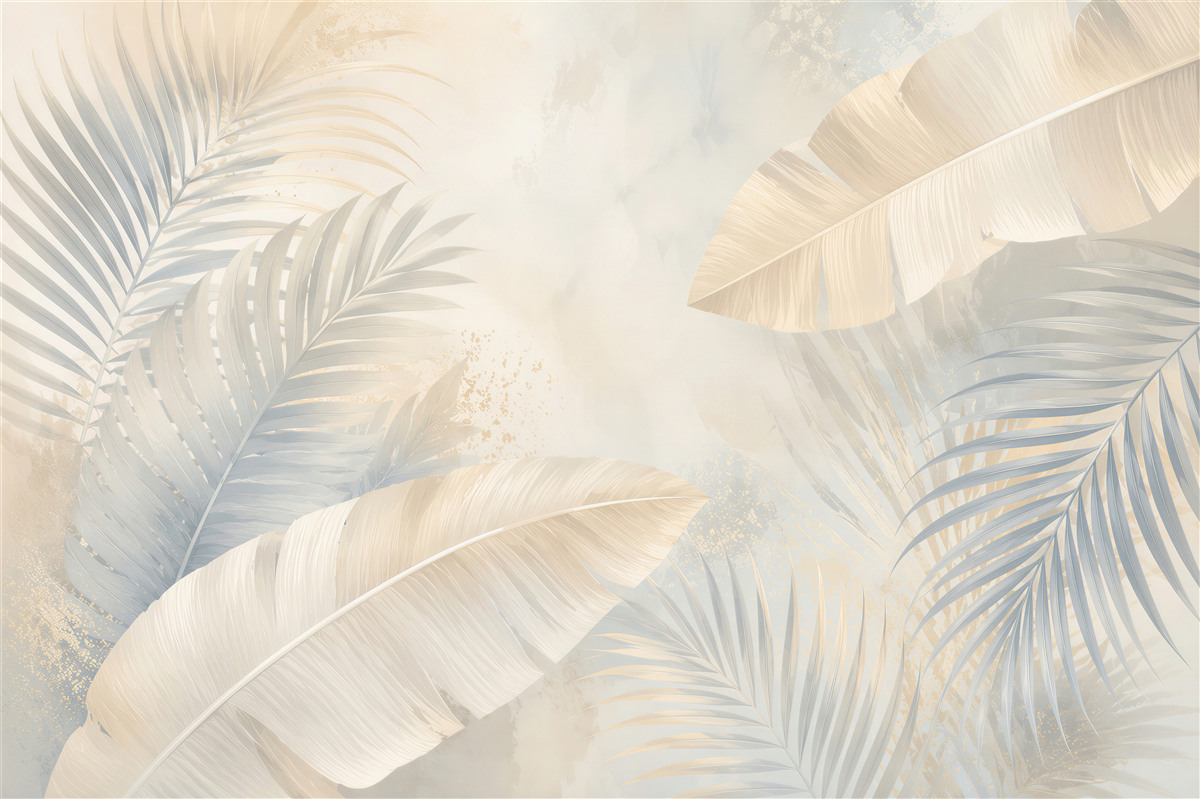 Fototapeten tropische Blätter in beige und blau zart für ein elegantes Interieur