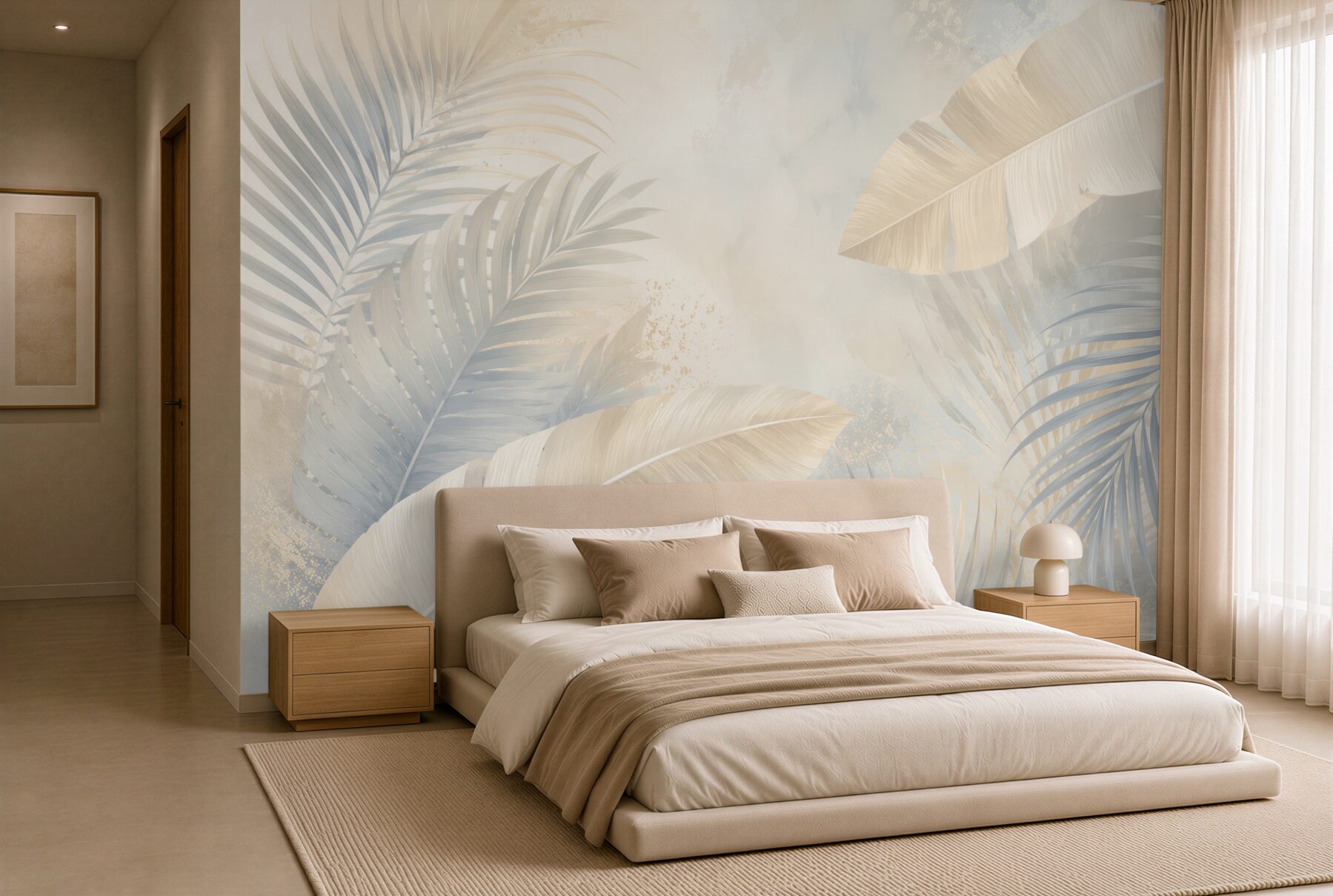 Fototapeten tropische Blätter in beige und blau zart für ein elegantes Interieur