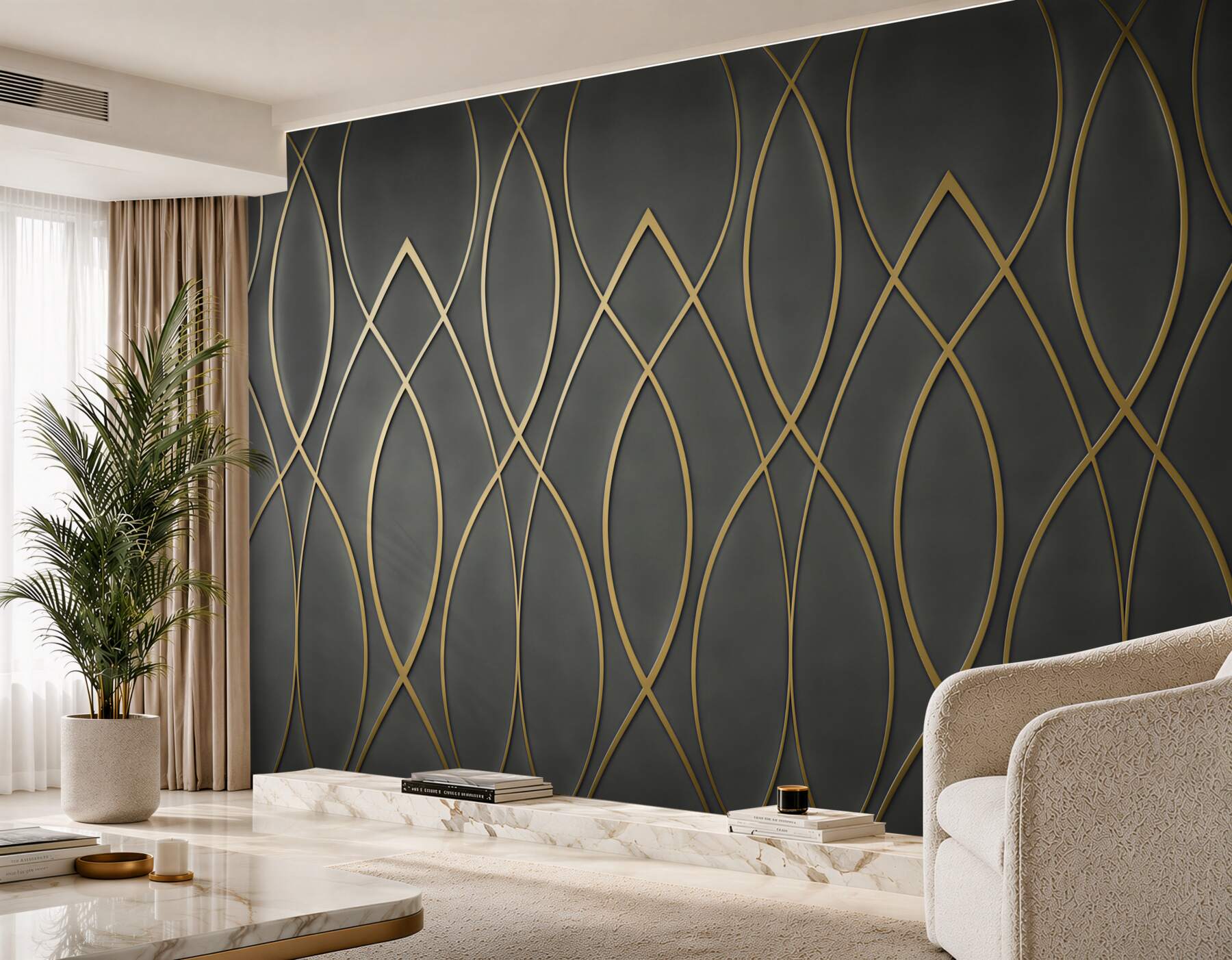 Fototapeten geometrisches Muster mit goldenen Linien auf dunklem Hintergrund im Art-Déco-Stil