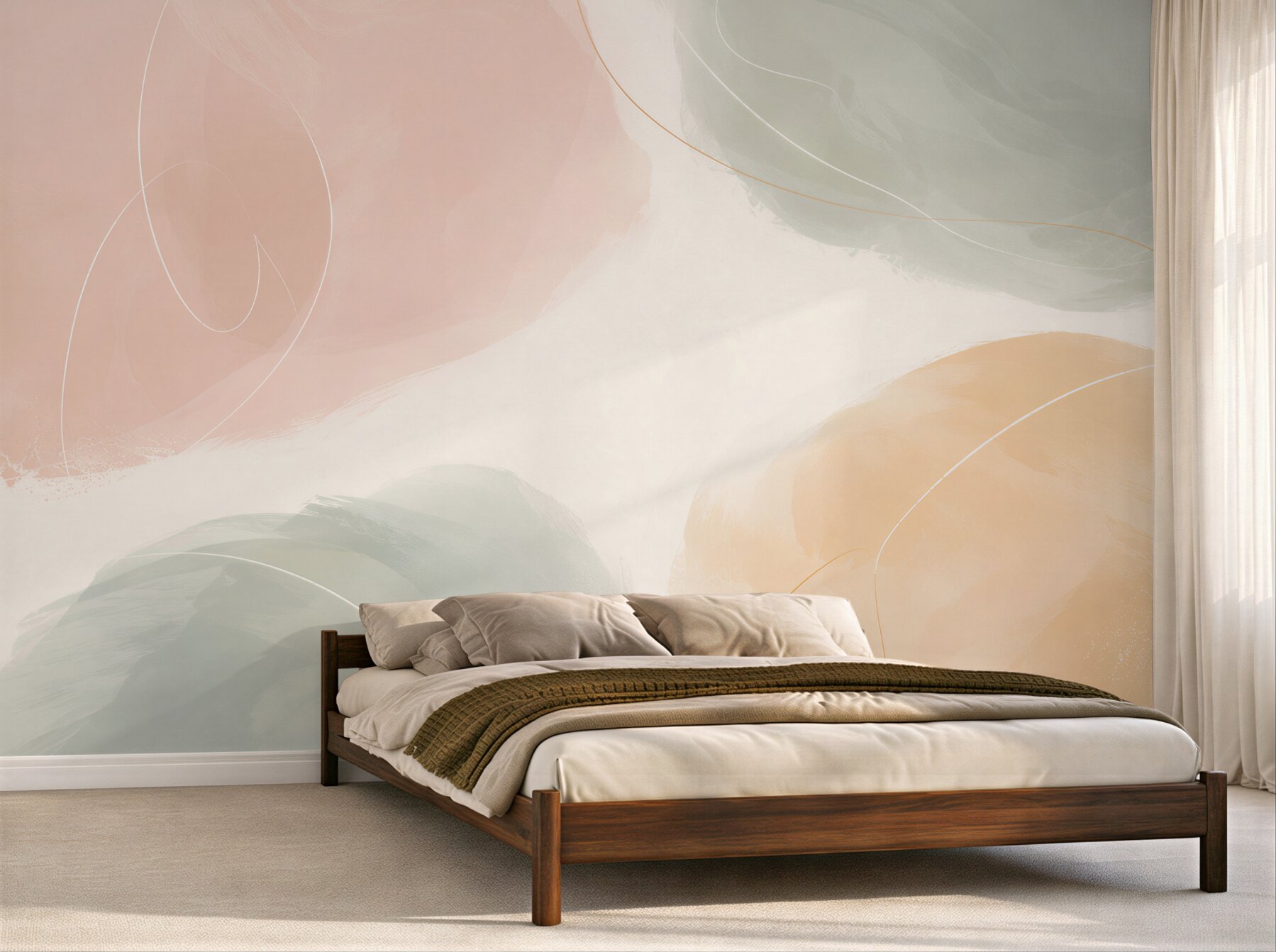 Fototapeten pastellfarbene Abstraktion in Beige, Rosa und Salbei für ein modernes Wohnzimmer