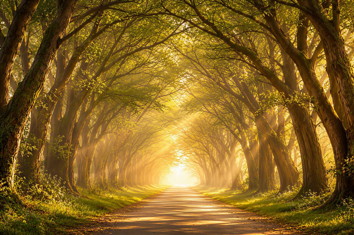 Fototapeten Baumallee im Wald im goldenen Sonnenlicht