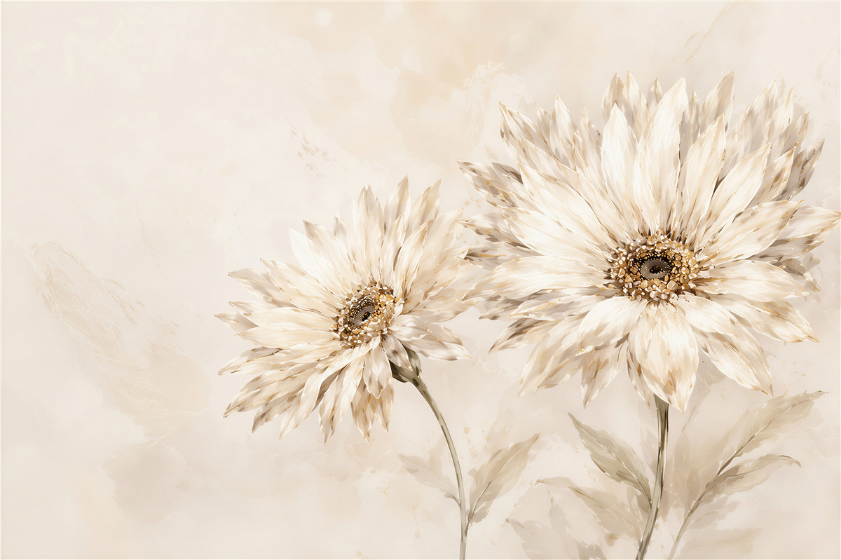 Fototapeten cremefarbene Gerbera-Blumen zart und elegant für das Schlafzimmer