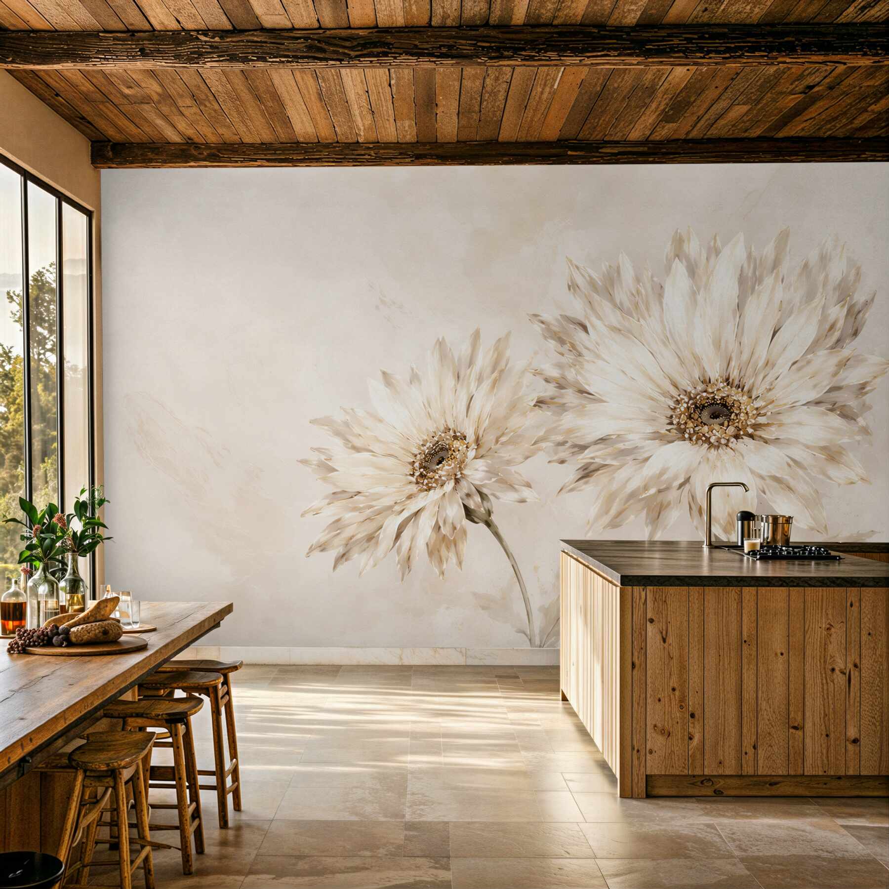 Fototapeten cremefarbene Gerbera-Blumen zart und elegant für das Schlafzimmer