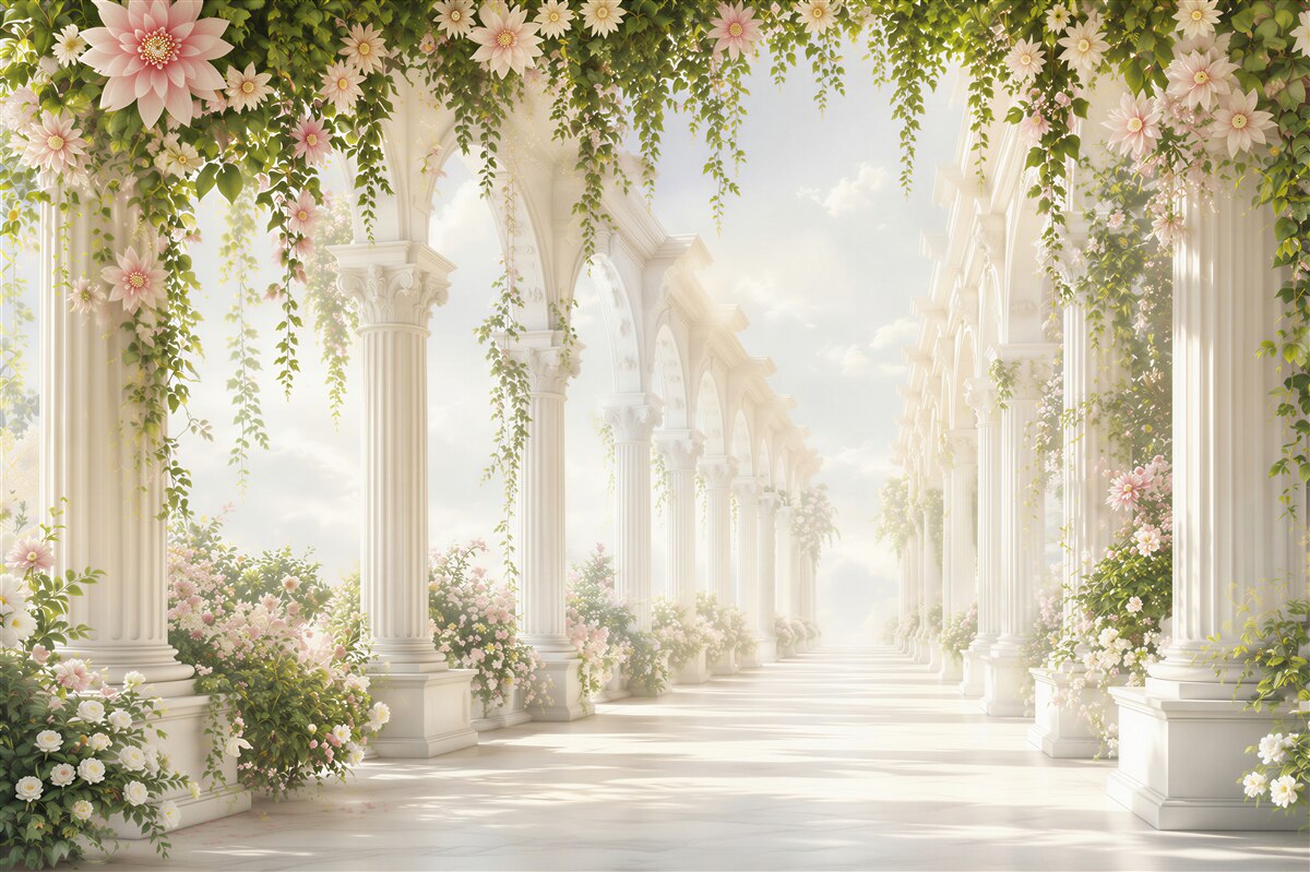 Fototapeten romantischer Blumenflur mit weißen Säulen und Efeu