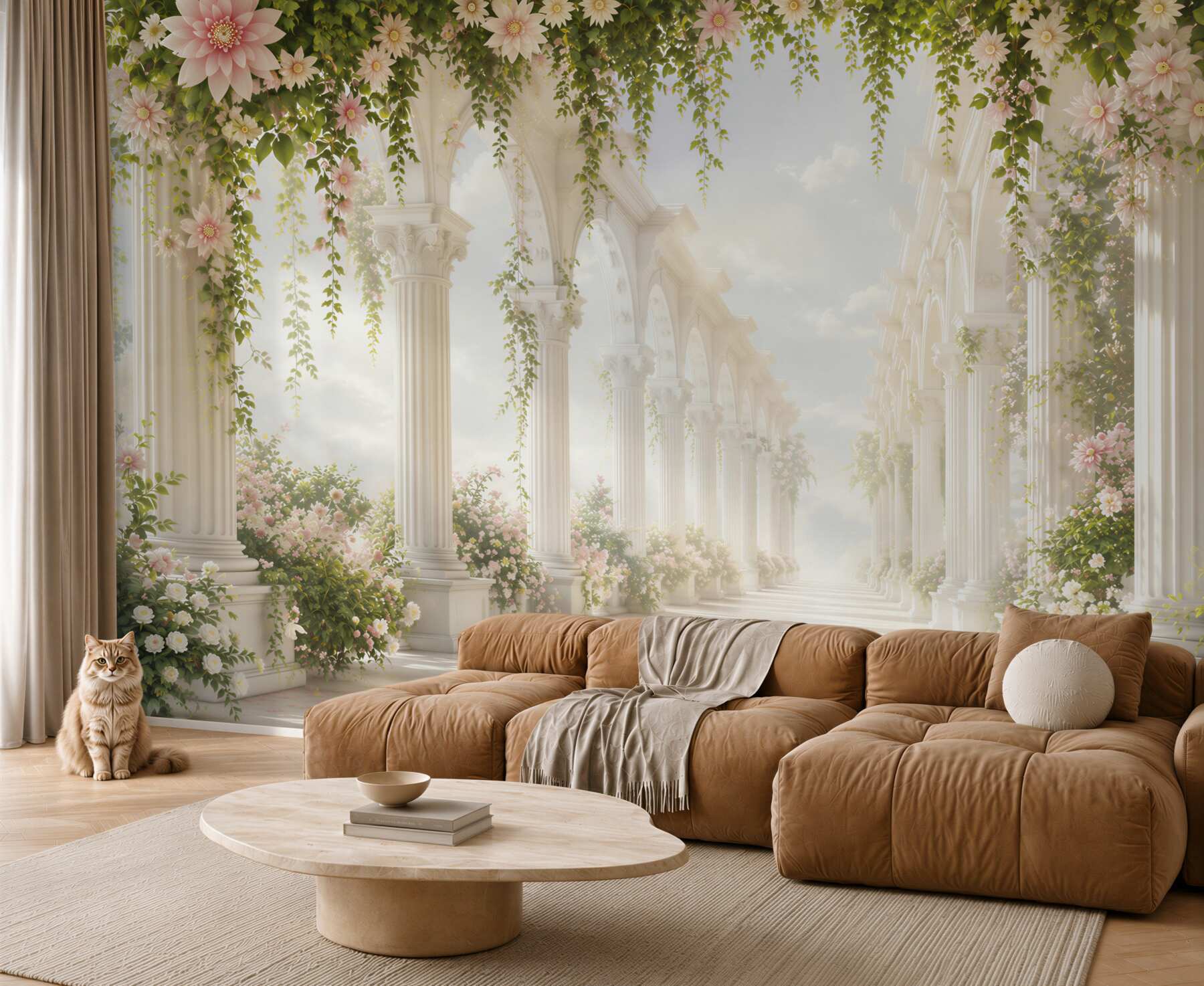 Fototapeten romantischer Blumenflur mit weißen Säulen und Efeu