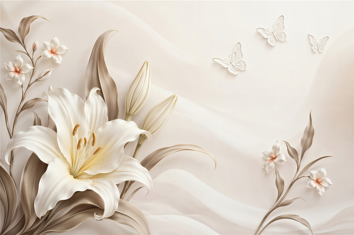 Fototapeten weiße Lilien mit beigen Schmetterlingen elegant für das Schlafzimmer