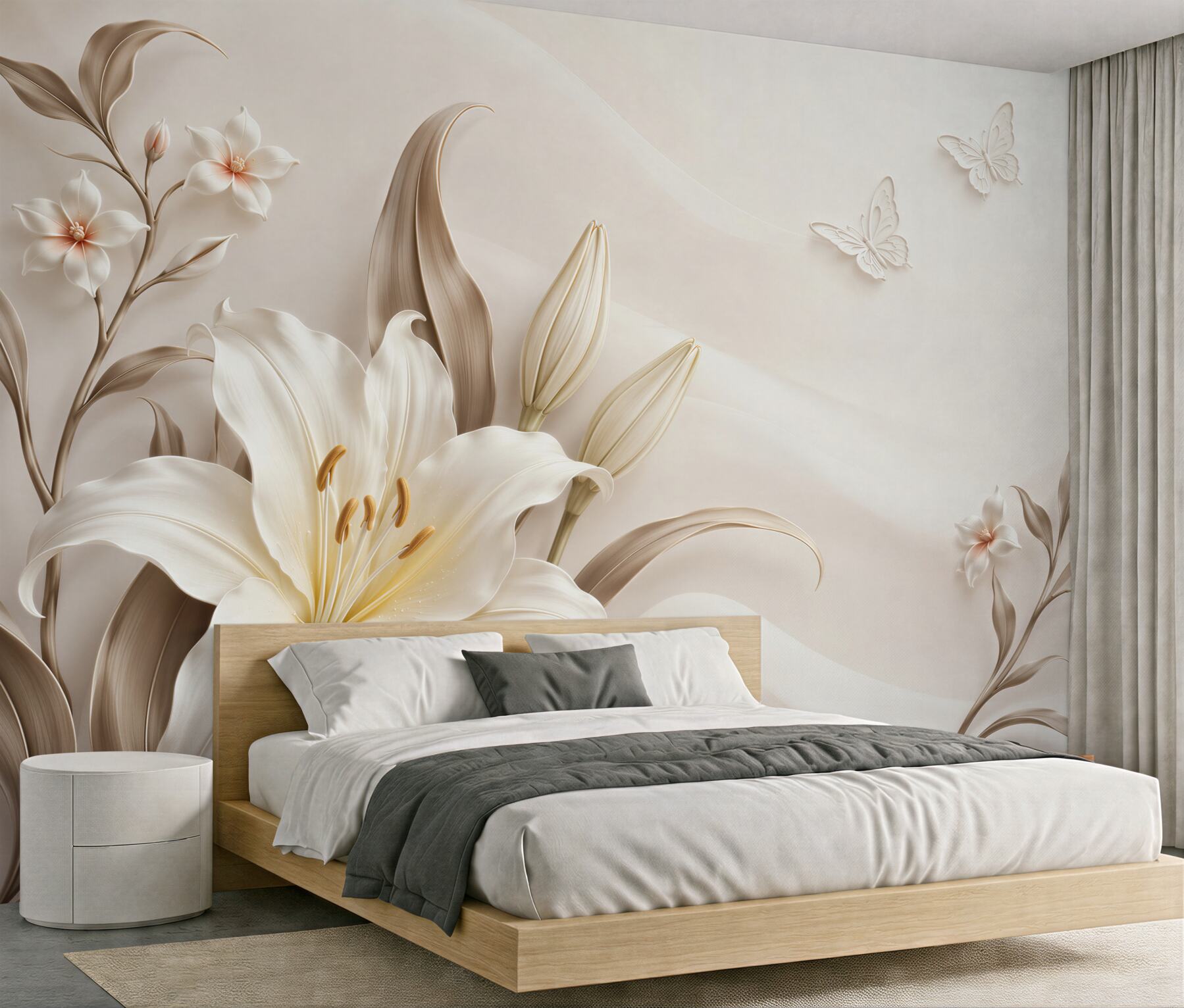 Fototapeten weiße Lilien mit beigen Schmetterlingen elegant für das Schlafzimmer