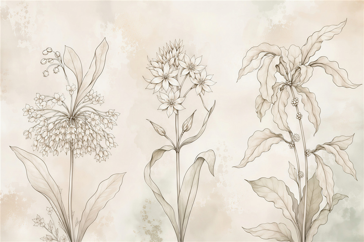 Fototapeten zarte beige Blumen botanisches Skizze für elegantes Interieur