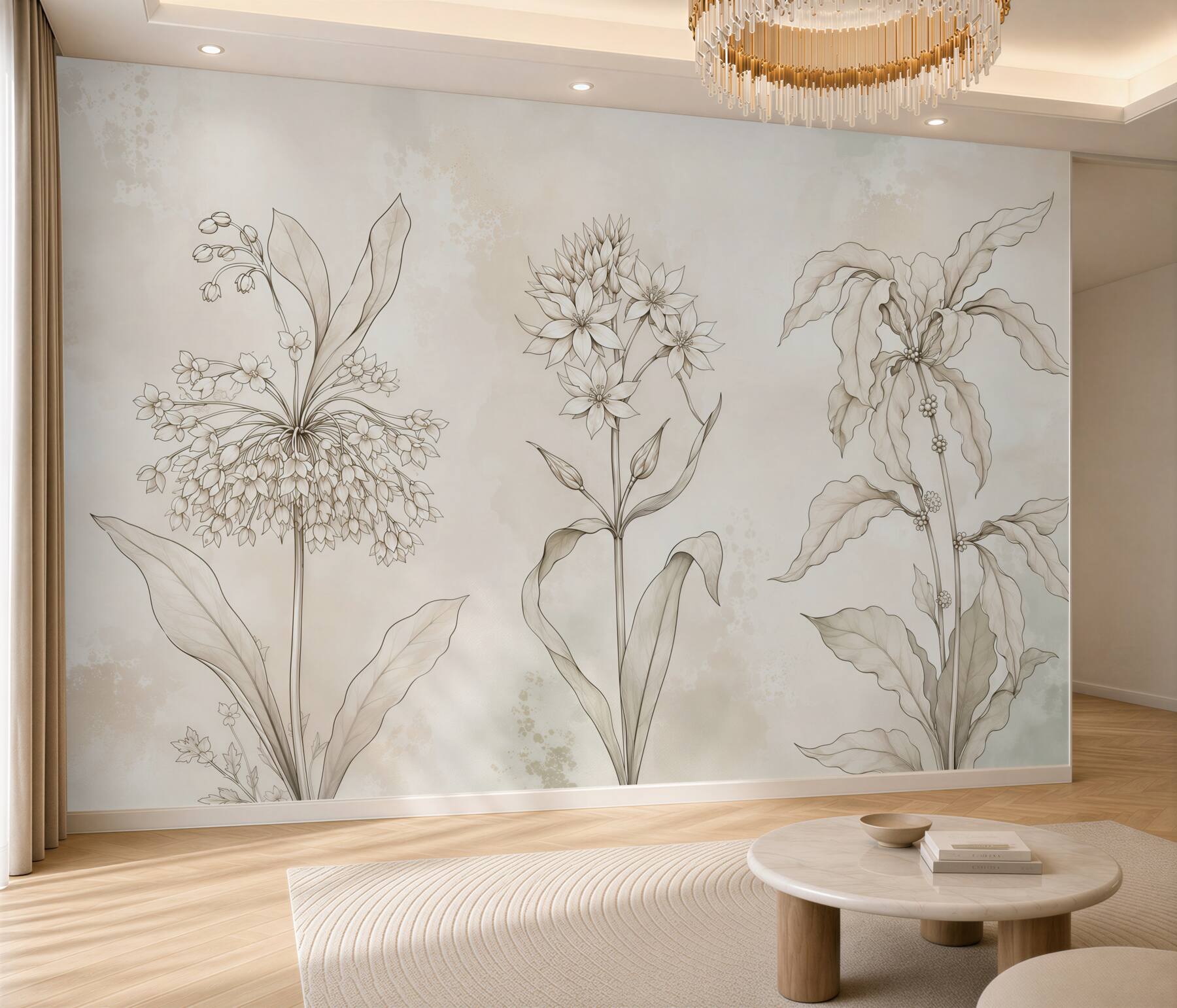 Fototapeten zarte beige Blumen botanisches Skizze für elegantes Interieur