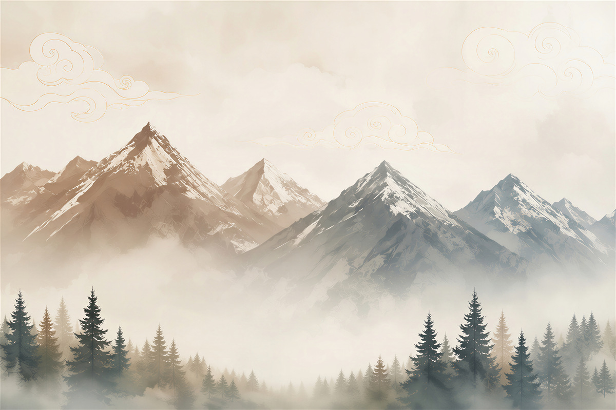 Fototapeten Berge im Nebel mit Nadelwald in beigen Tönen
