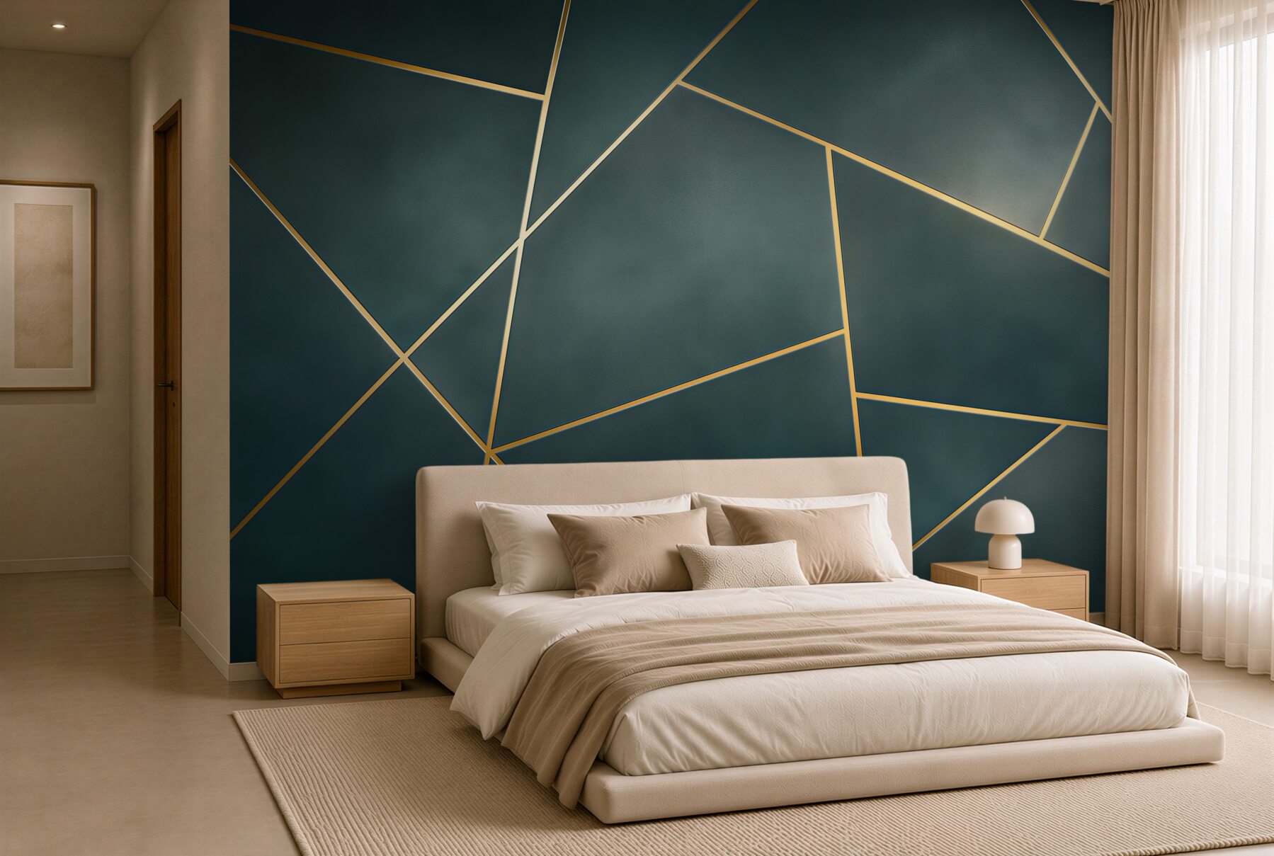 Fototapeten geometrische marineblaue Paneele mit goldenen Linien modern