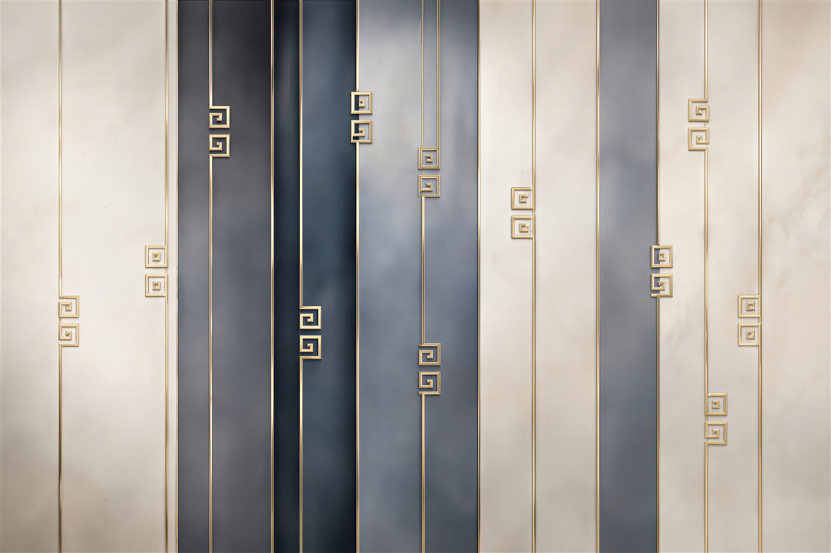 Fototapeten geometrische vertikale Streifen marineblau und beige mit goldenen Linien