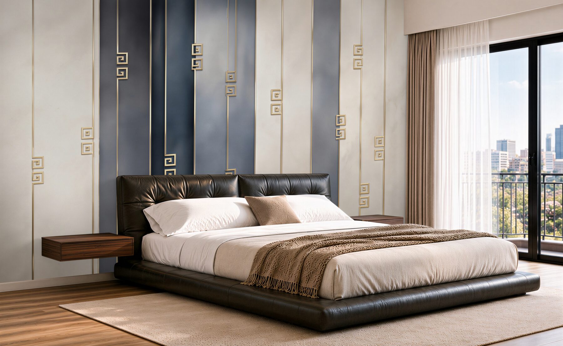 Fototapeten geometrische vertikale Streifen marineblau und beige mit goldenen Linien