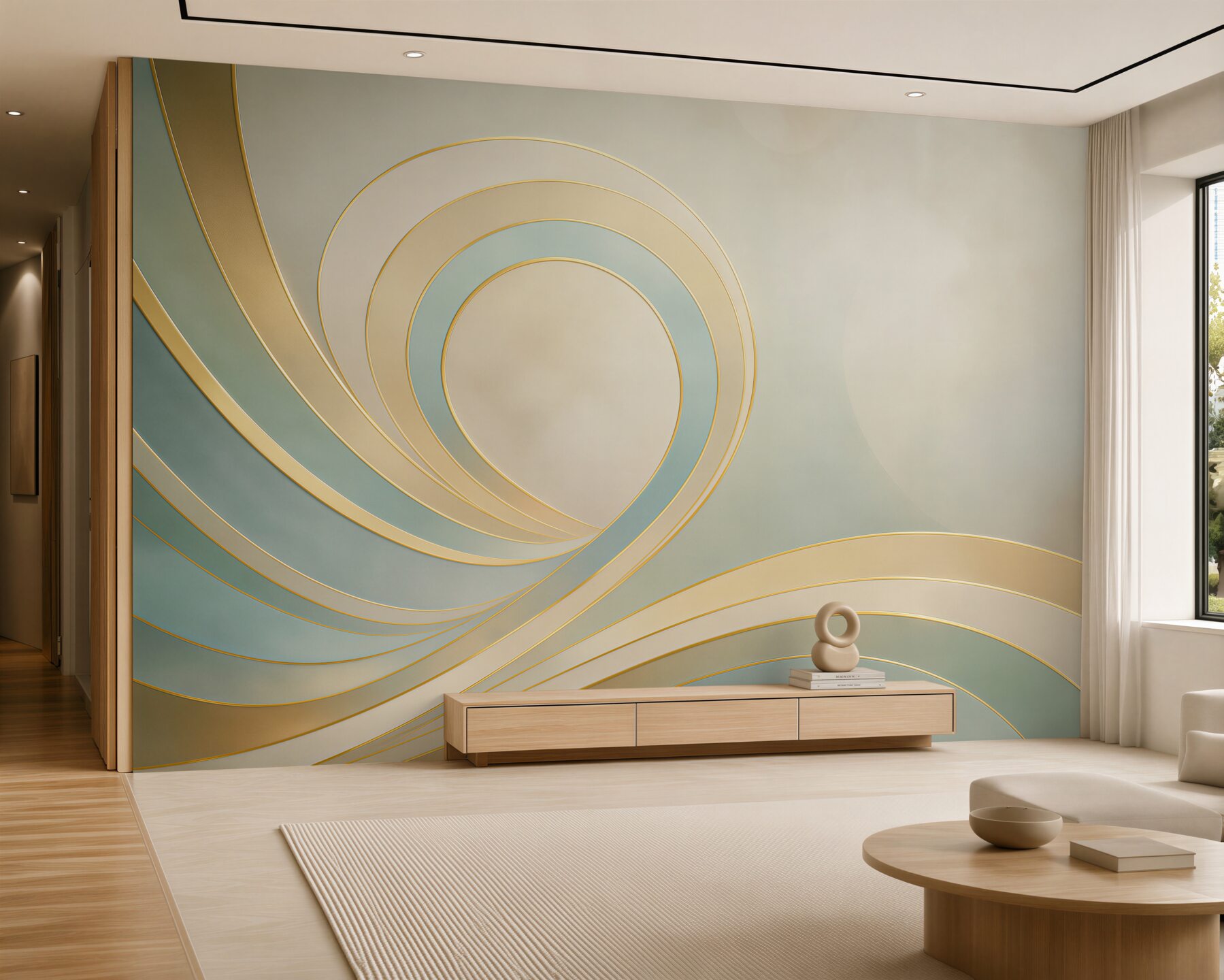 Fototapeten abstrakte spiralförmige Linien in beige und hellblau mit goldenen Akzenten