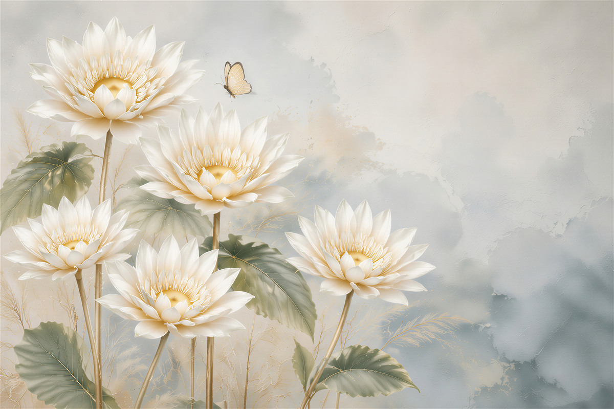 Fototapeten weiße Lotusblumen pastellfarben mit einem Schmetterling für das Schlafzimmer