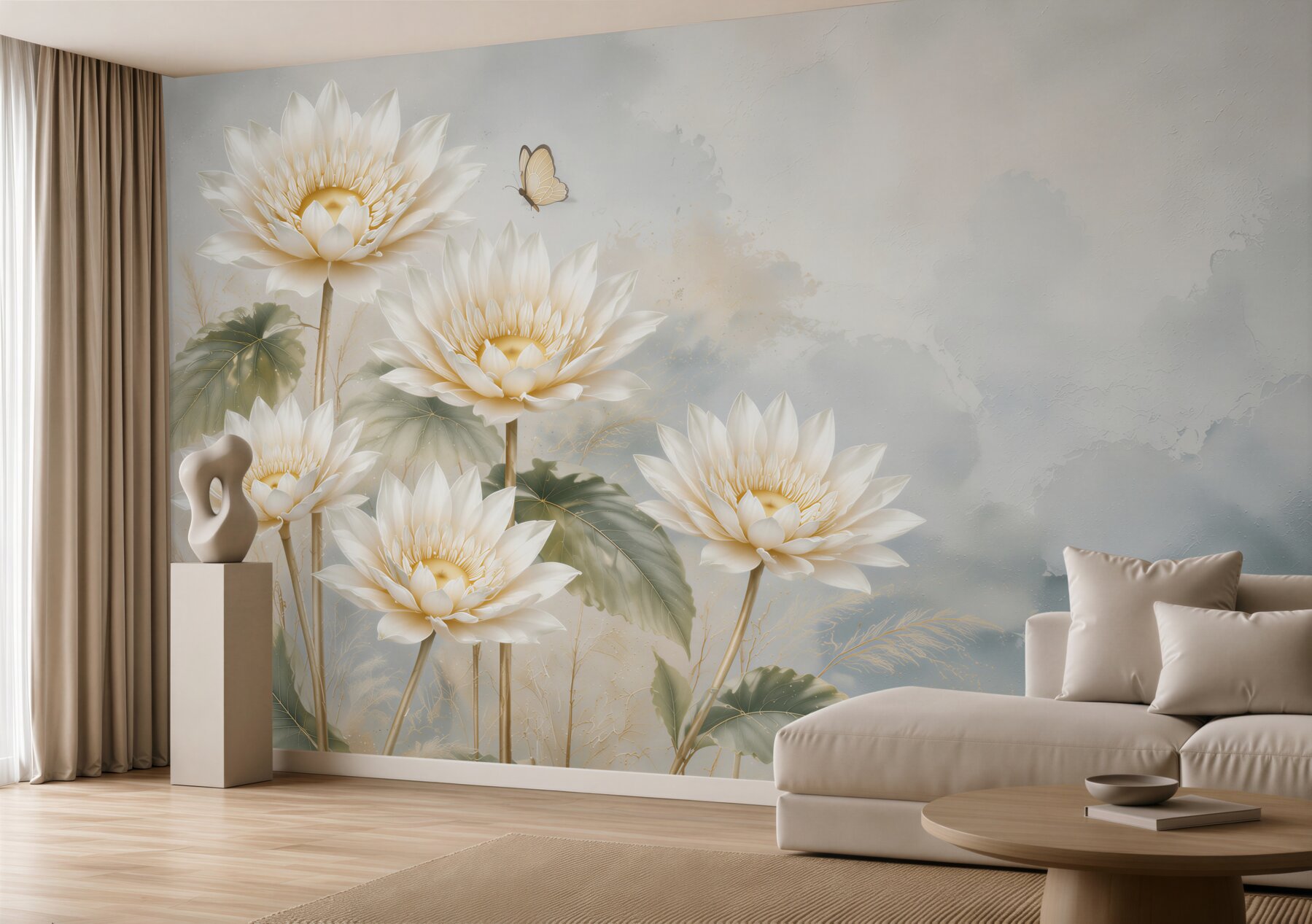 Fototapeten weiße Lotusblumen pastellfarben mit einem Schmetterling für das Schlafzimmer
