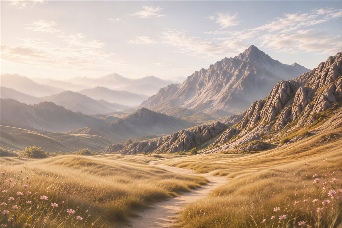 Fototapeten Berglandschaft bei Sonnenaufgang mit einem Feldweg