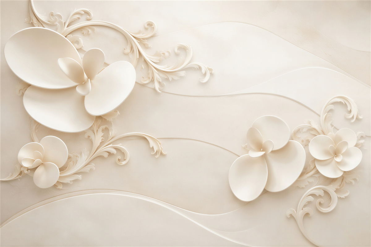 Fototapeten 3D Blumen creme mit Ornamenten elegant für das Schlafzimmer