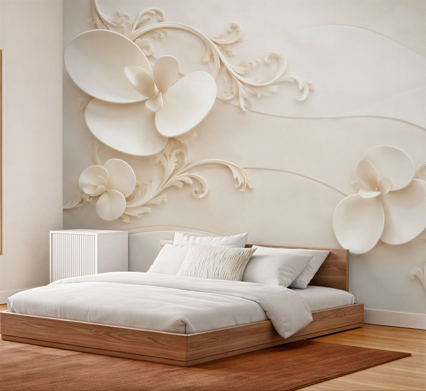 Fototapeten 3D Blumen creme mit Ornamenten elegant für das Schlafzimmer