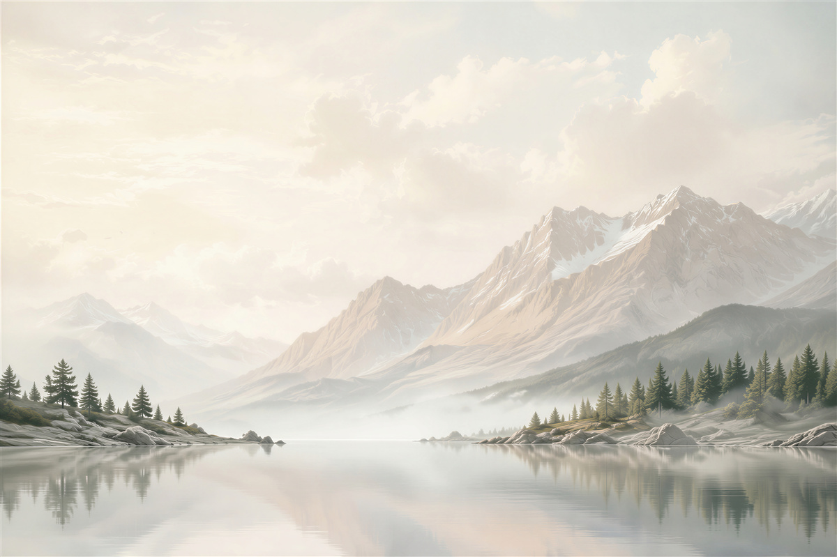Fototapeten Berglandschaft mit einem See im Nebel hell und friedlich