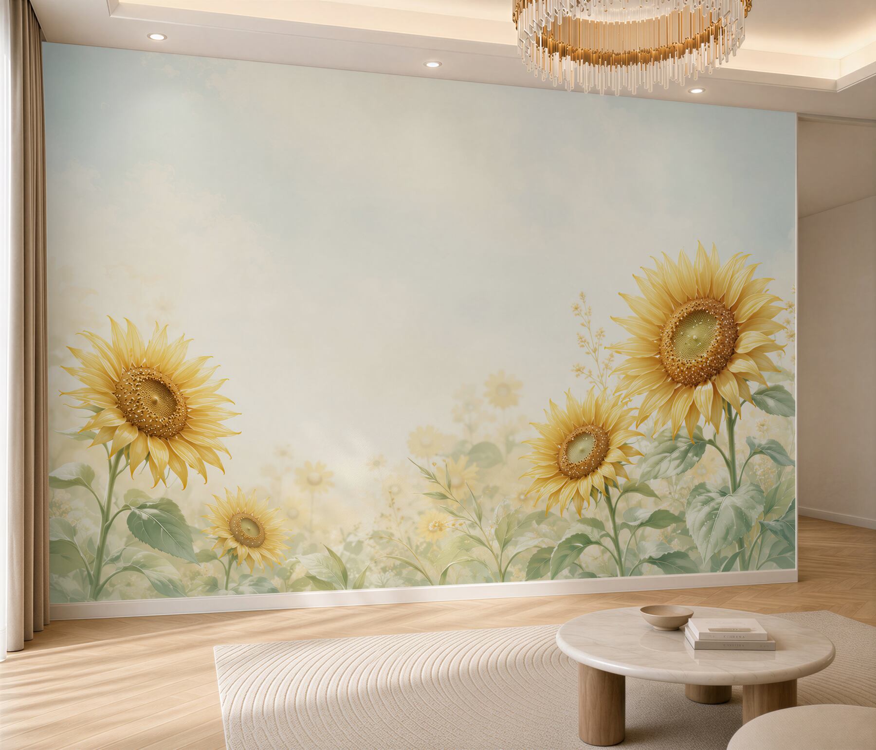 Fototapeten gelbe Sonnenblumen auf hellem Hintergrund für die Küche und das Wohnzimmer